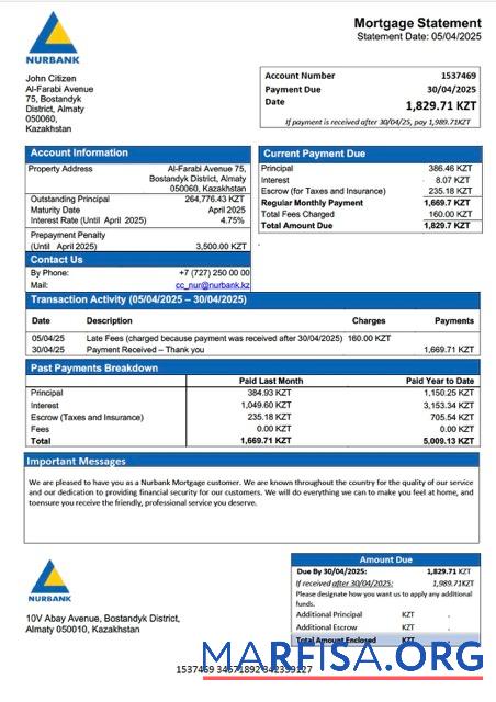 Downloadable Kazakhstan Nurbank mortgage statement Word and PDF template